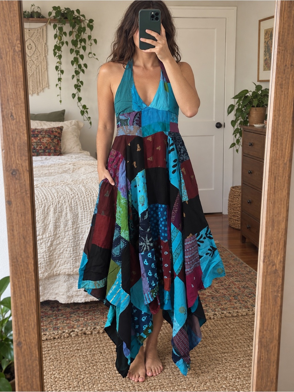 Boho Patchwork Halter Maxi Dress in Teal & Black
